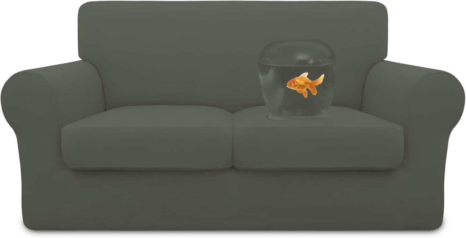 Easy-Going 100% Dual Waterproof 2 Pieces Chair Cover Stretch Soft Couch Cover for Dogs, Sofa Slipcover for 1 Separate Cushion Couch Leakproof Furniture Protector for Kids, Pets Grayish Green