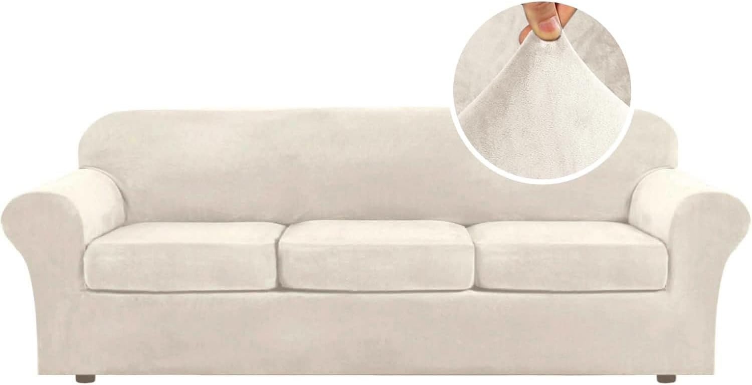 H.VERSAILTEX Rich Velvet Stretch 2 Piece Cover Chair Slipcover Sofa Cover Furniture Protector Couch Soft with Elastic Bottom Chair Couch Cover with Arms Width Up to 49 Inch(Chair, Ivory)