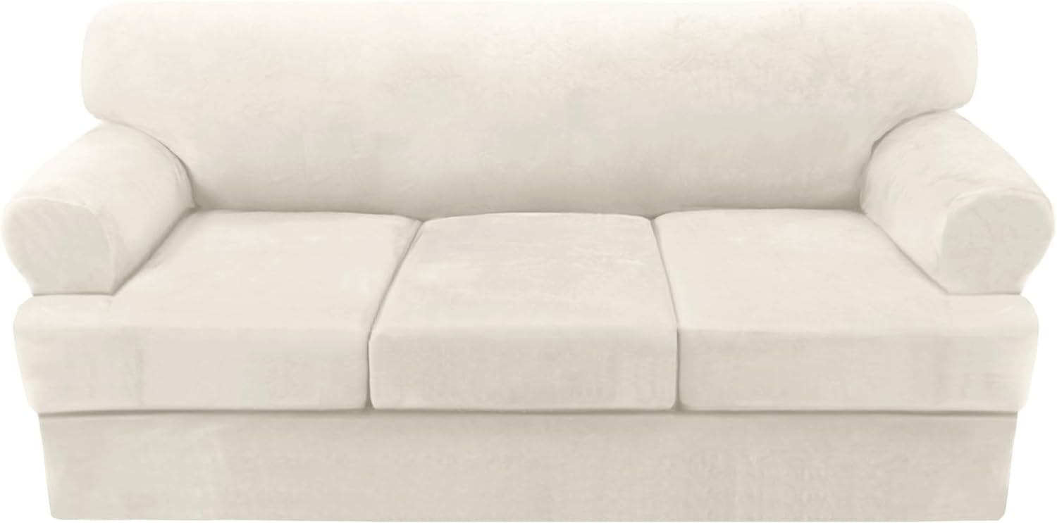 H.VERSAILTEX Sofa Cover 2 Piece T Cushion Armchair Slipcovers Thick Velvet Couch Cover Furniture Protector Stretch T Cushion Sofa Covers for 1 Cushion Couch with 1 Individual T Cushion Covers, Ivory