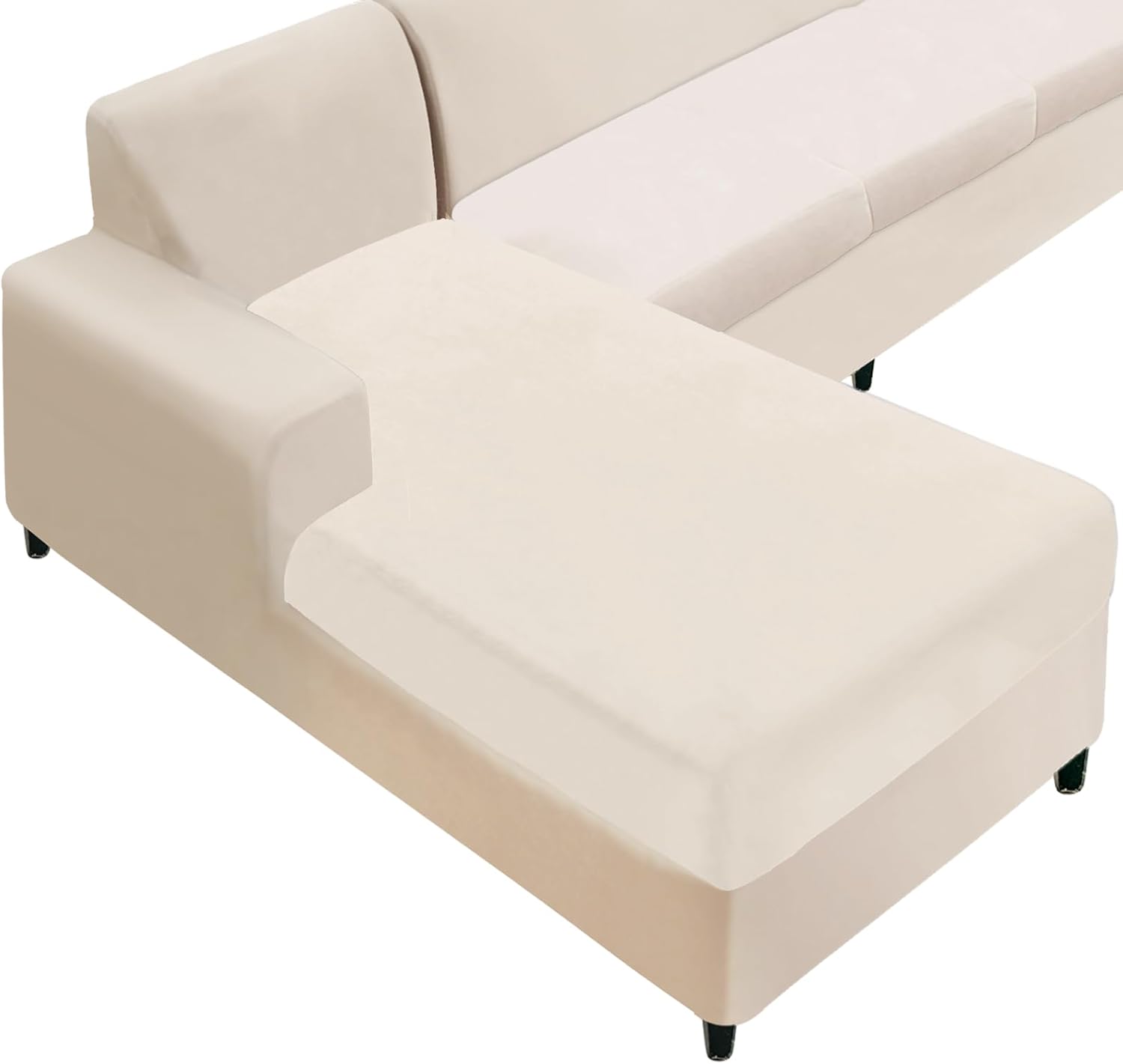 NAISI Sectional Couch Cover 4 Pieces Velvet Separate Couch Cushion Covers L Shape Soft Stretch Sofa Slipcovers with 2pcs Pillowcases for Left/Right Chaise Sectional Couch(3 Seater+1 Chaise,Dark Grey)