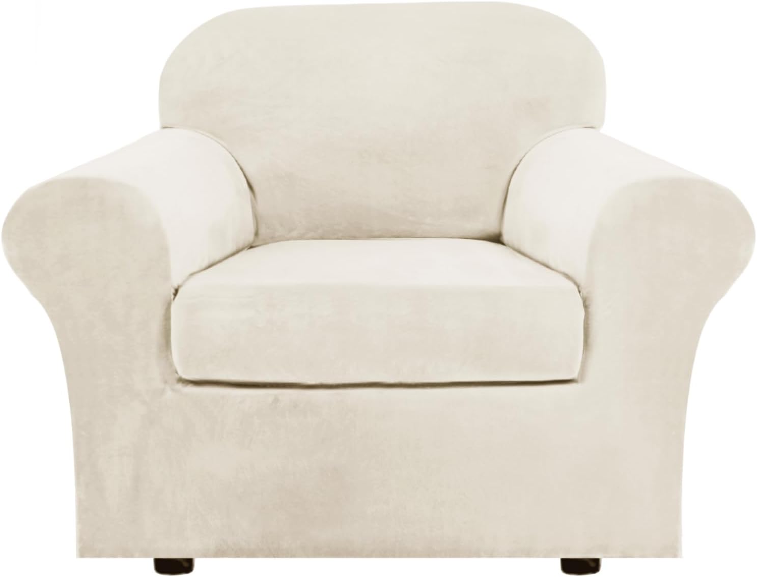 H.VERSAILTEX Rich Velvet Stretch 2 Piece Cover Chair Slipcover Sofa Cover Furniture Protector Couch Soft with Elastic Bottom Chair Couch Cover with Arms Width Up to 49 Inch(Chair, Ivory)