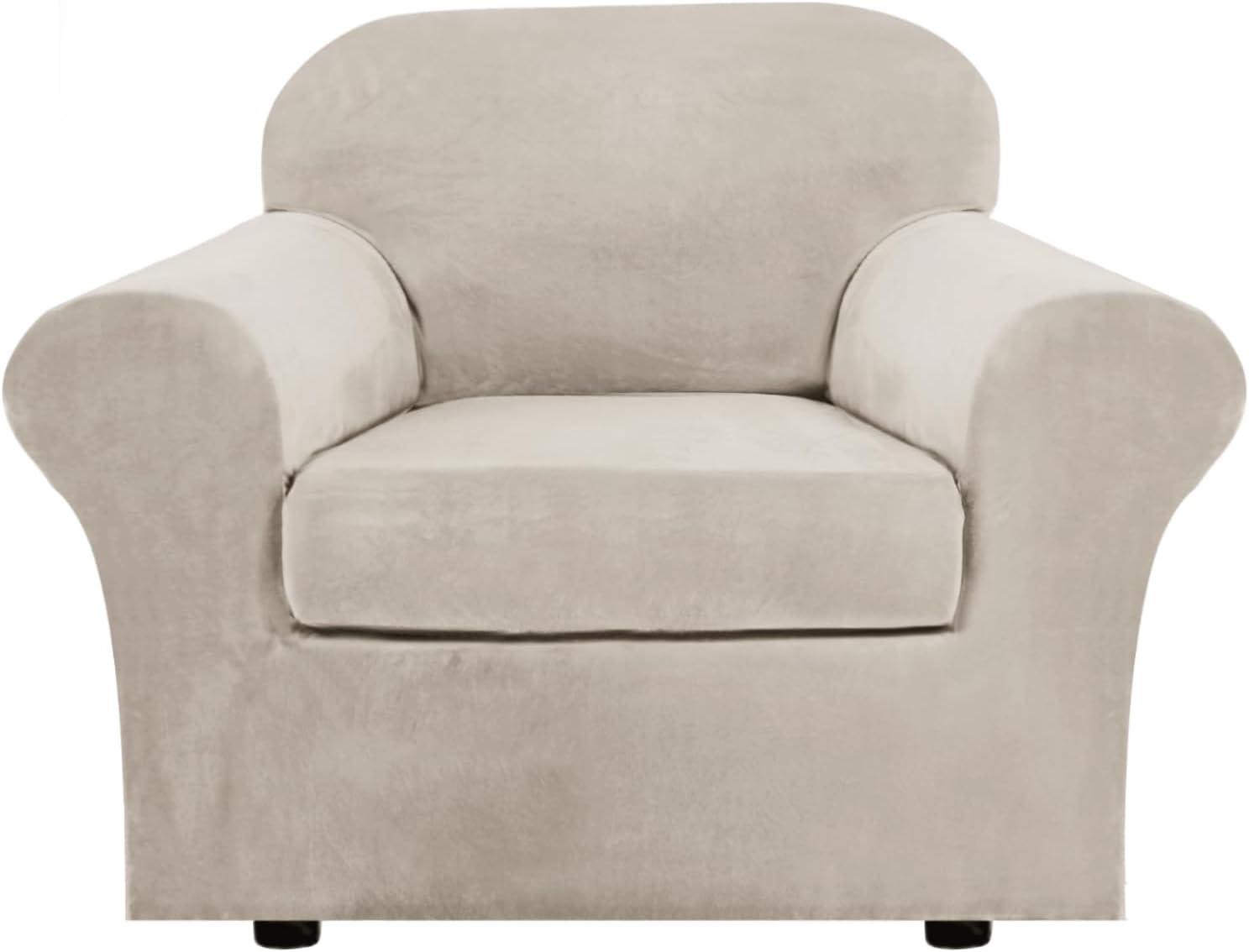 H.VERSAILTEX Rich Velvet Stretch 2 Piece Cover Chair Slipcover Sofa Cover Furniture Protector Couch Soft with Elastic Bottom Chair Couch Cover with Arms Width Up to 49 Inch(Chair, Ivory)