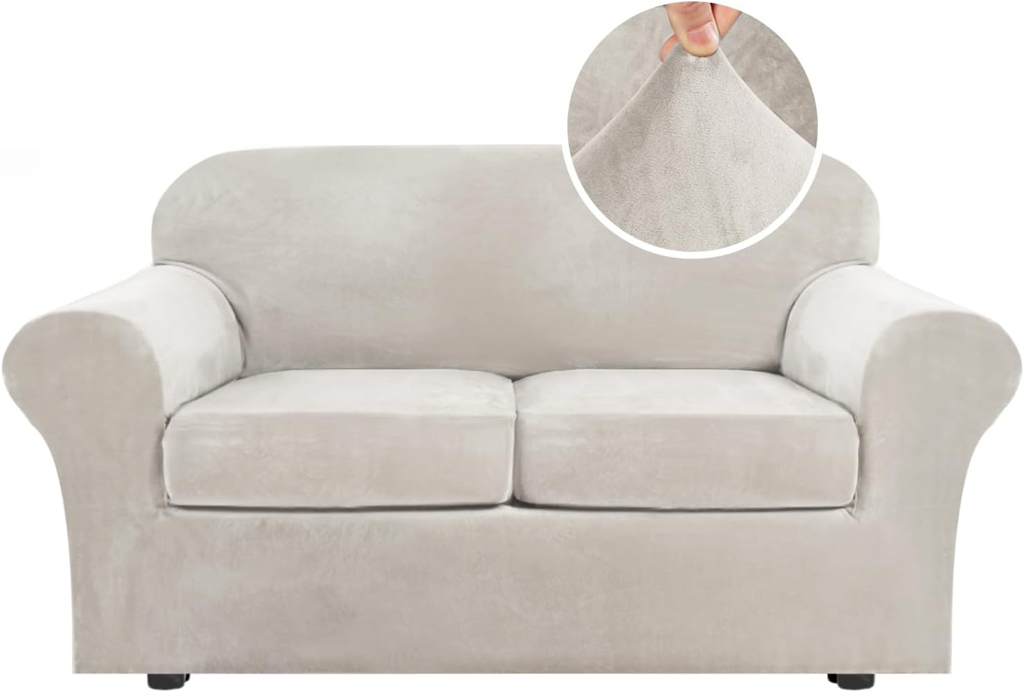 H.VERSAILTEX Rich Velvet Stretch 2 Piece Cover Chair Slipcover Sofa Cover Furniture Protector Couch Soft with Elastic Bottom Chair Couch Cover with Arms Width Up to 49 Inch(Chair, Ivory)