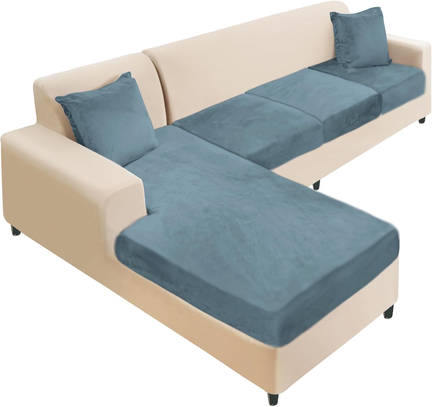 NAISI Sectional Couch Cover 4 Pieces Velvet Separate Couch Cushion Covers L Shape Soft Stretch Sofa Slipcovers with 2pcs Pillowcases for Left/Right Chaise Sectional Couch(3 Seater+1 Chaise,Dark Grey)