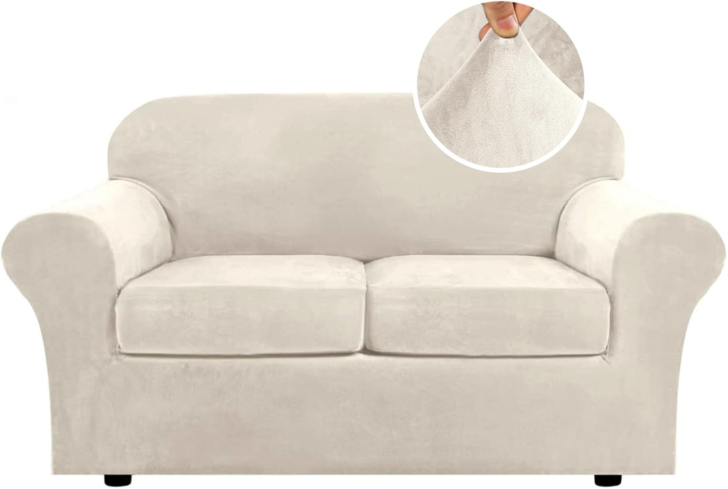 H.VERSAILTEX Rich Velvet Stretch 2 Piece Cover Chair Slipcover Sofa Cover Furniture Protector Couch Soft with Elastic Bottom Chair Couch Cover with Arms Width Up to 49 Inch(Chair, Ivory)