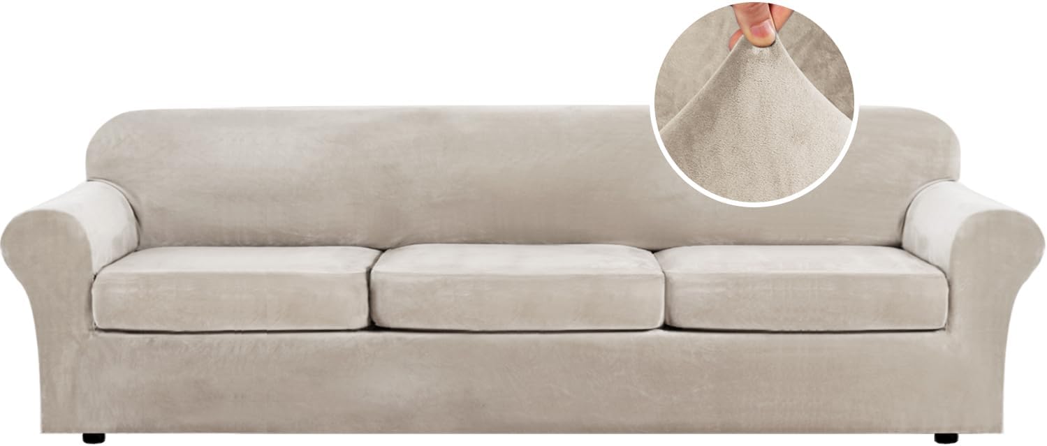 H.VERSAILTEX Rich Velvet Stretch 2 Piece Cover Chair Slipcover Sofa Cover Furniture Protector Couch Soft with Elastic Bottom Chair Couch Cover with Arms Width Up to 49 Inch(Chair, Ivory)