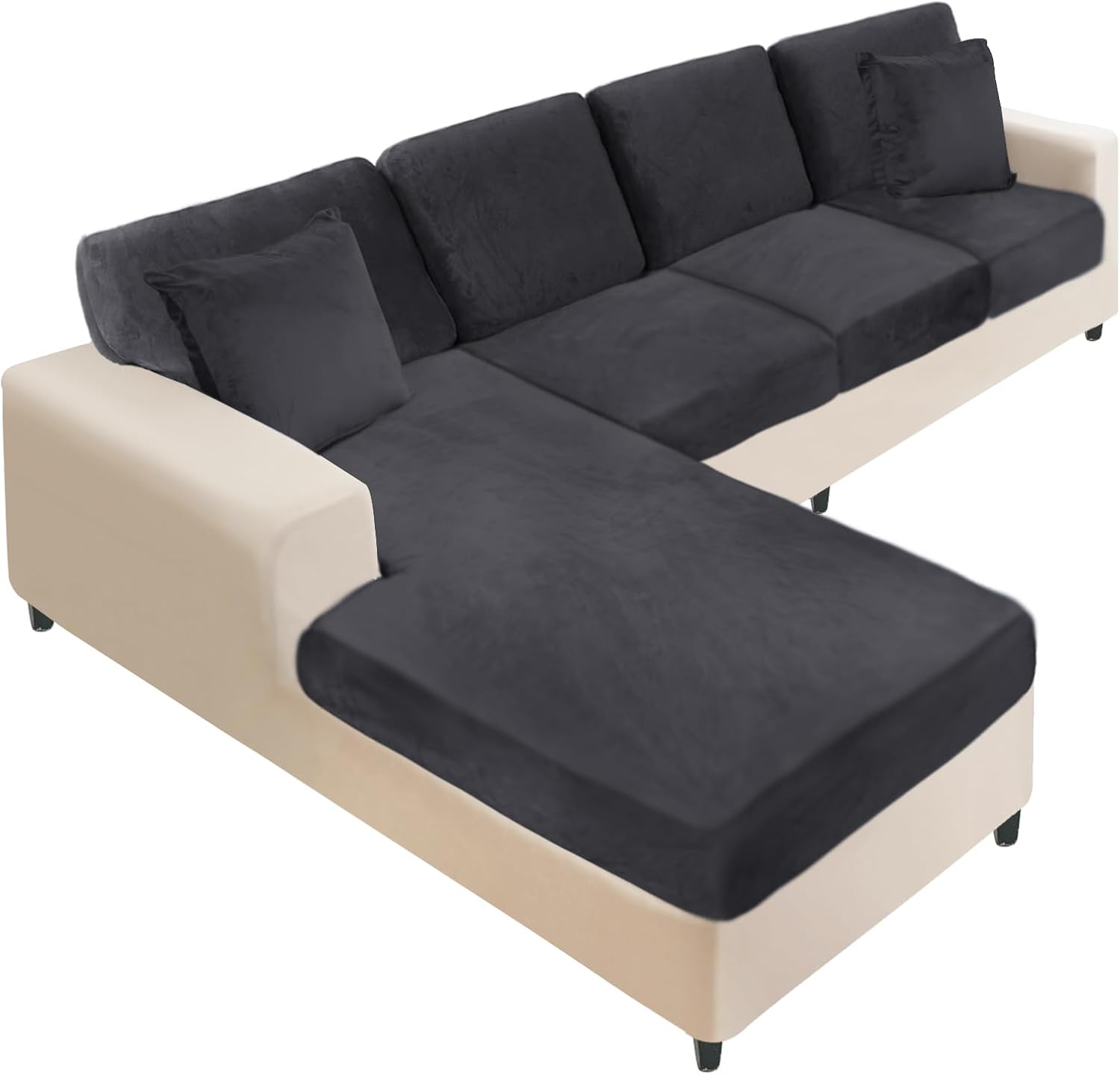 NAISI Sectional Couch Cover 4 Pieces Velvet Separate Couch Cushion Covers L Shape Soft Stretch Sofa Slipcovers with 2pcs Pillowcases for Left/Right Chaise Sectional Couch(3 Seater+1 Chaise,Dark Grey)