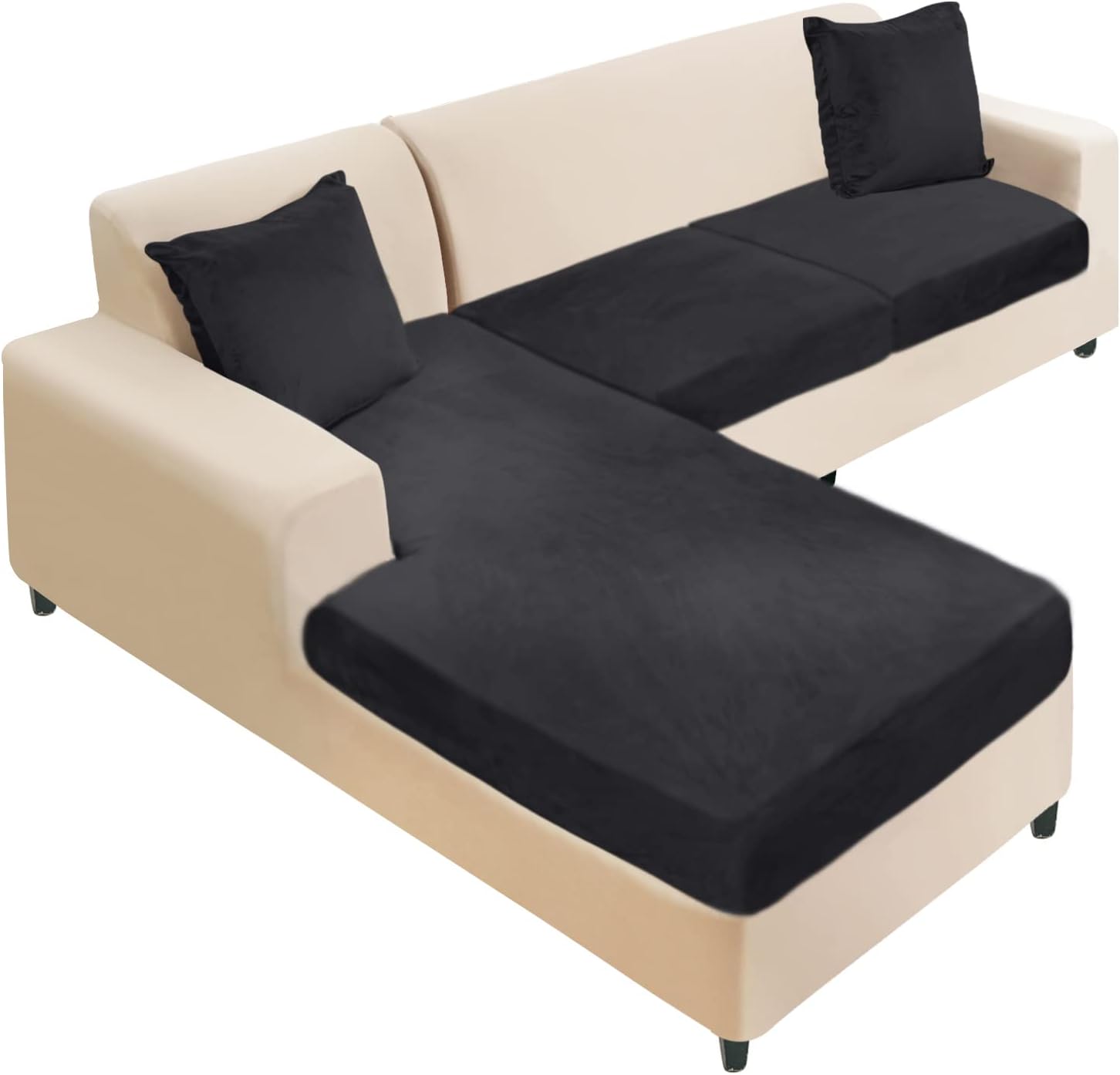 NAISI Sectional Couch Cover 4 Pieces Velvet Separate Couch Cushion Covers L Shape Soft Stretch Sofa Slipcovers with 2pcs Pillowcases for Left/Right Chaise Sectional Couch(3 Seater+1 Chaise,Dark Grey)