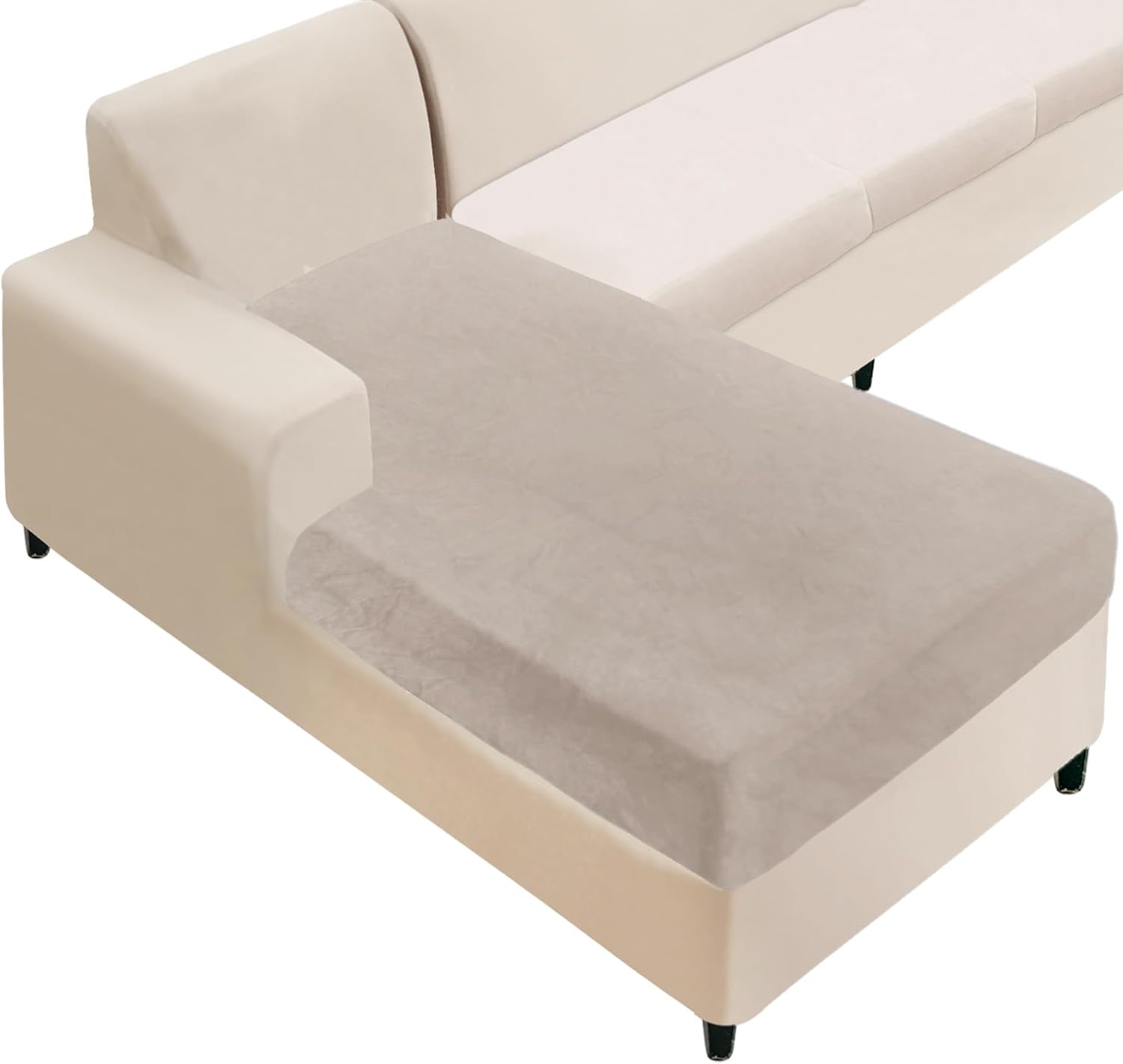 NAISI Sectional Couch Cover 4 Pieces Velvet Separate Couch Cushion Covers L Shape Soft Stretch Sofa Slipcovers with 2pcs Pillowcases for Left/Right Chaise Sectional Couch(3 Seater+1 Chaise,Dark Grey)