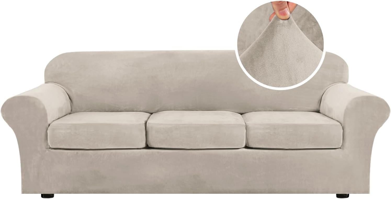 H.VERSAILTEX Rich Velvet Stretch 2 Piece Cover Chair Slipcover Sofa Cover Furniture Protector Couch Soft with Elastic Bottom Chair Couch Cover with Arms Width Up to 49 Inch(Chair, Ivory)