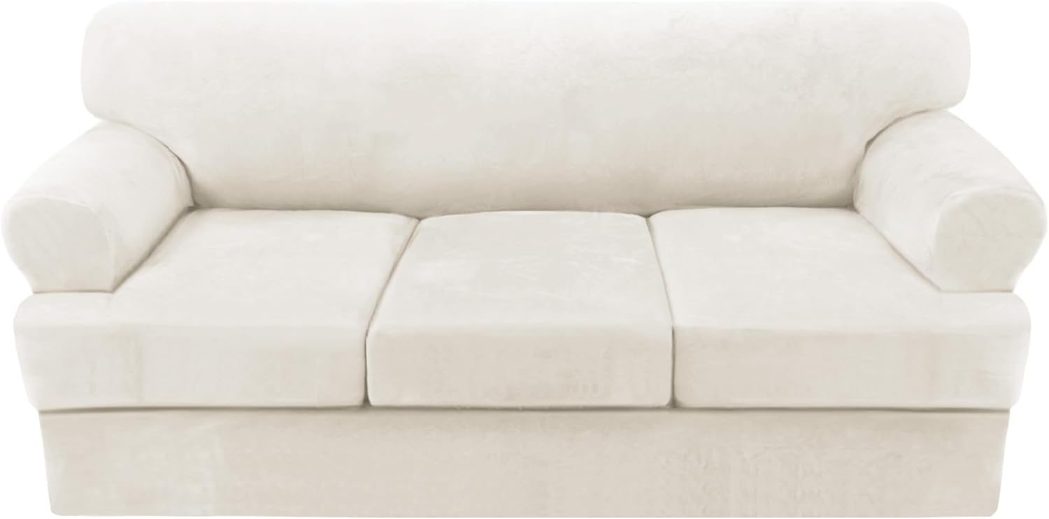 H.VERSAILTEX Sofa Cover 2 Piece T Cushion Armchair Slipcovers Thick Velvet Couch Cover Furniture Protector Stretch T Cushion Sofa Covers for 1 Cushion Couch with 1 Individual T Cushion Covers, Ivory
