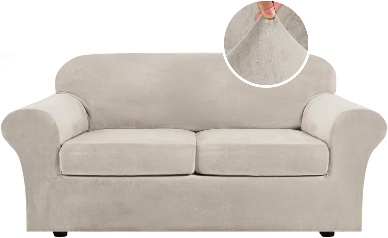 H.VERSAILTEX Rich Velvet Stretch 2 Piece Cover Chair Slipcover Sofa Cover Furniture Protector Couch Soft with Elastic Bottom Chair Couch Cover with Arms Width Up to 49 Inch(Chair, Ivory)