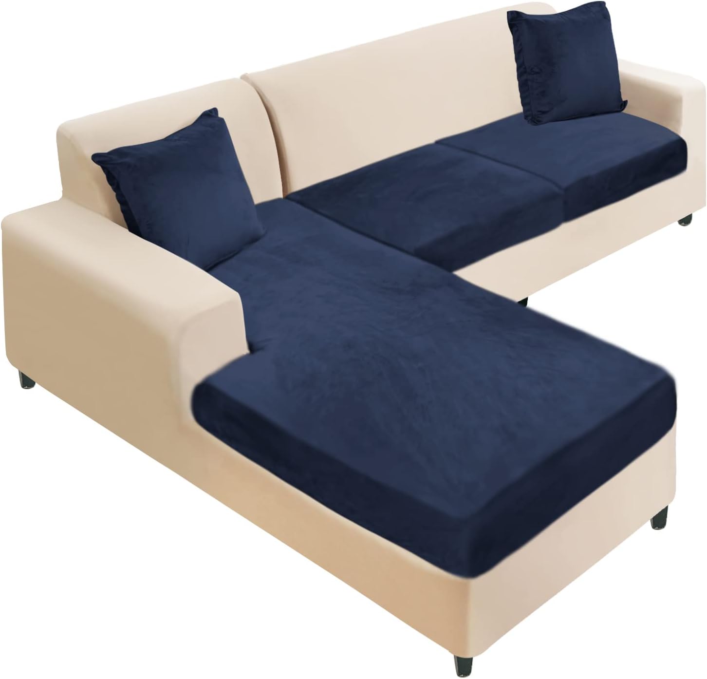 NAISI Sectional Couch Cover 4 Pieces Velvet Separate Couch Cushion Covers L Shape Soft Stretch Sofa Slipcovers with 2pcs Pillowcases for Left/Right Chaise Sectional Couch(3 Seater+1 Chaise,Dark Grey)