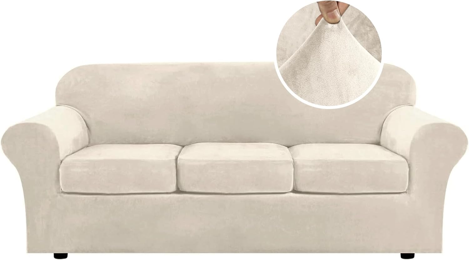 H.VERSAILTEX Rich Velvet Stretch 2 Piece Cover Chair Slipcover Sofa Cover Furniture Protector Couch Soft with Elastic Bottom Chair Couch Cover with Arms Width Up to 49 Inch(Chair, Ivory)