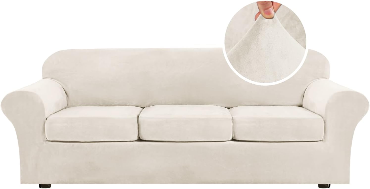H.VERSAILTEX Rich Velvet Stretch 2 Piece Cover Chair Slipcover Sofa Cover Furniture Protector Couch Soft with Elastic Bottom Chair Couch Cover with Arms Width Up to 49 Inch(Chair, Ivory)