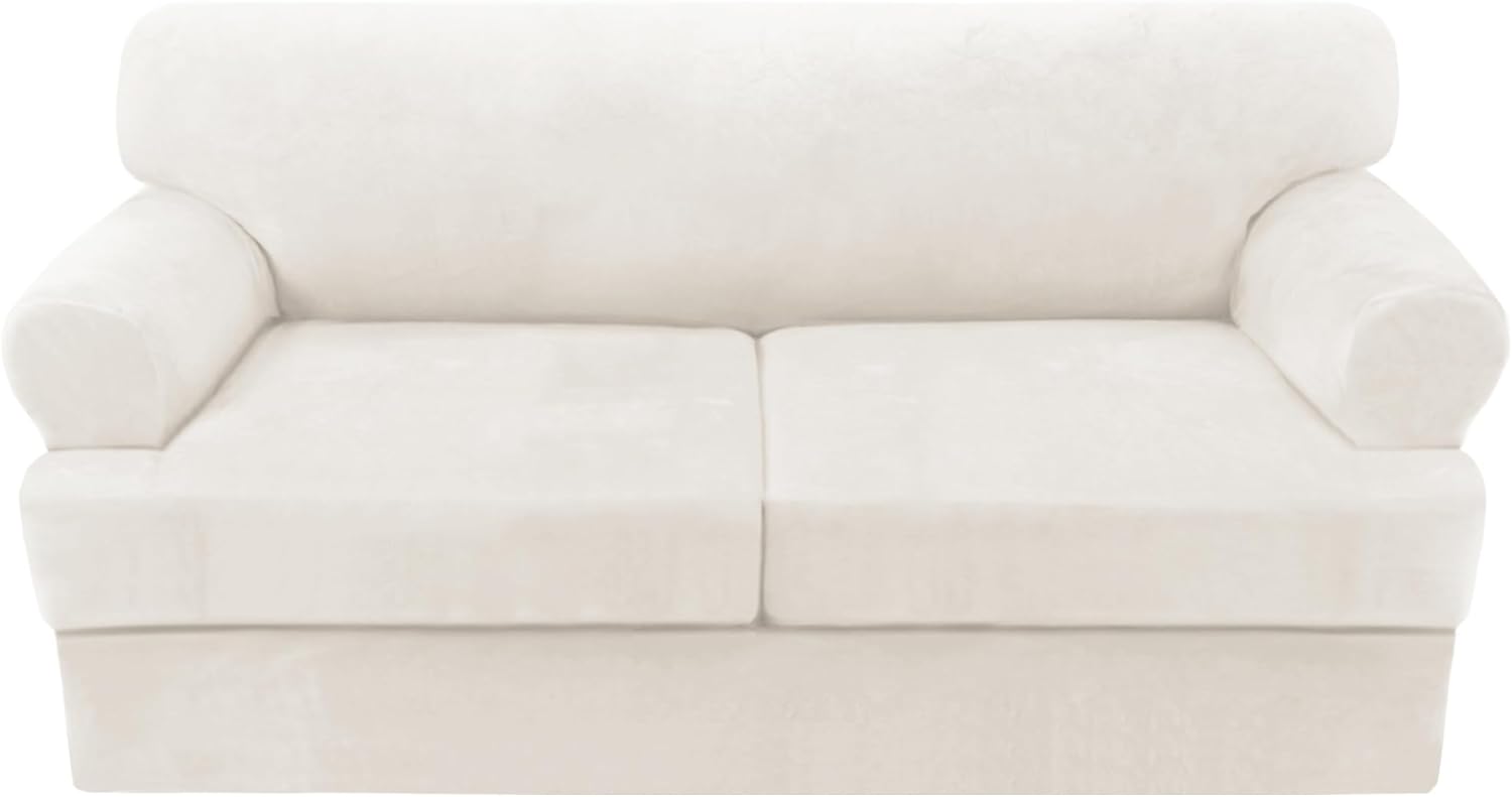H.VERSAILTEX Sofa Cover 2 Piece T Cushion Armchair Slipcovers Thick Velvet Couch Cover Furniture Protector Stretch T Cushion Sofa Covers for 1 Cushion Couch with 1 Individual T Cushion Covers, Ivory
