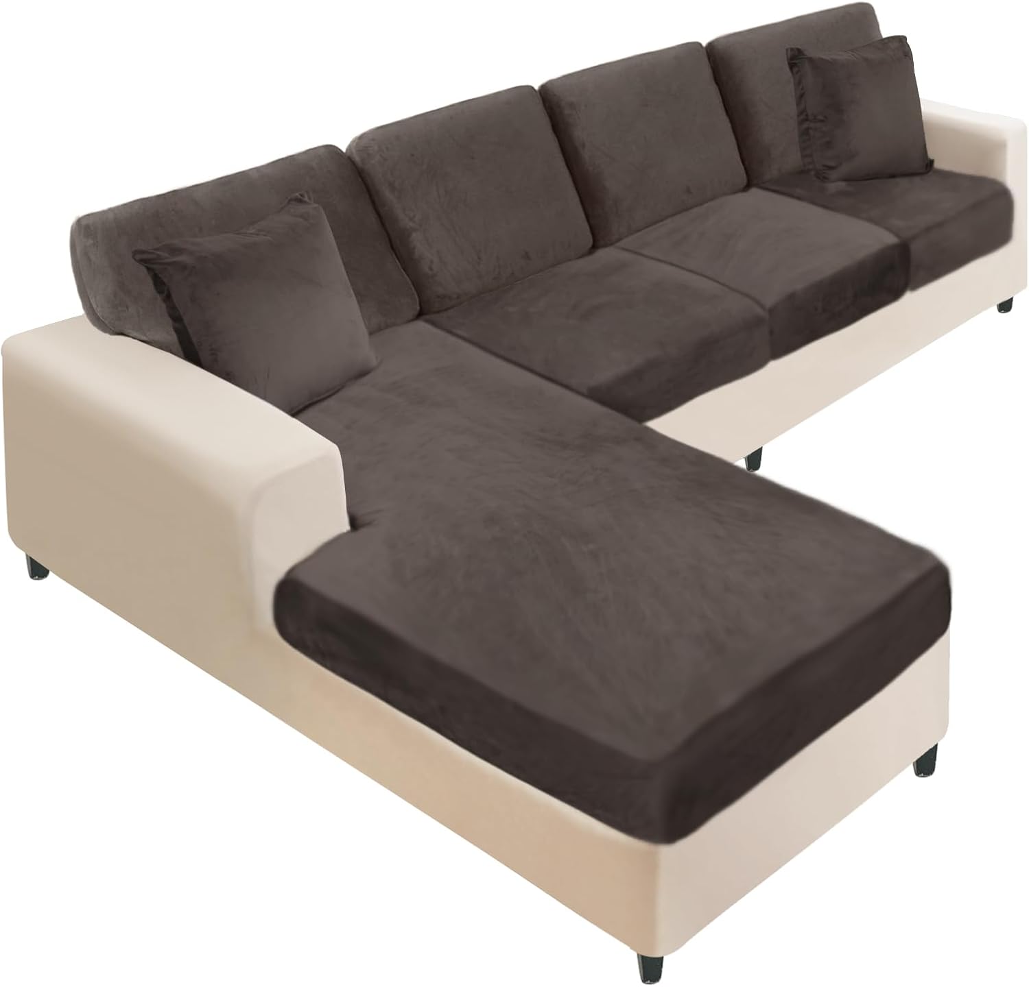 NAISI Sectional Couch Cover 4 Pieces Velvet Separate Couch Cushion Covers L Shape Soft Stretch Sofa Slipcovers with 2pcs Pillowcases for Left/Right Chaise Sectional Couch(3 Seater+1 Chaise,Dark Grey)