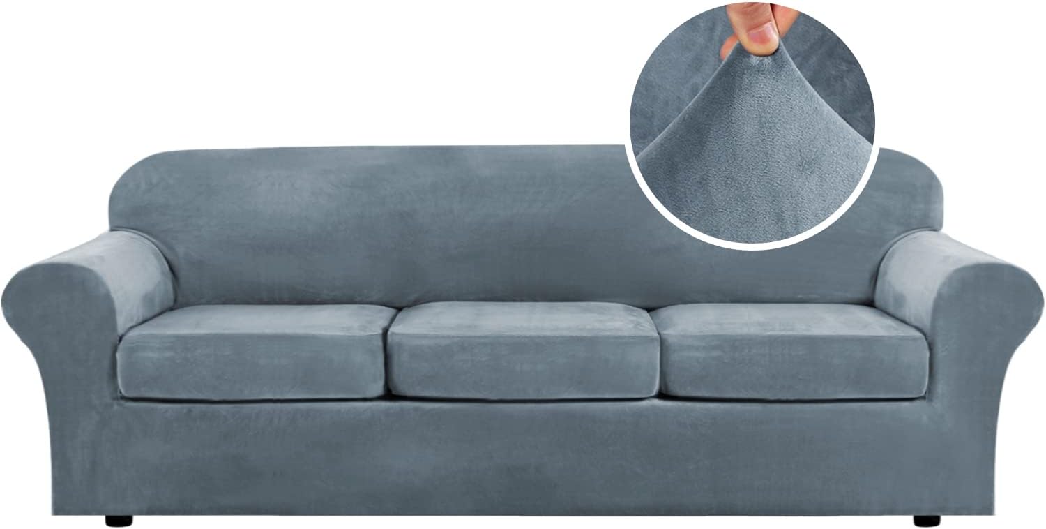 H.VERSAILTEX Rich Velvet Stretch 2 Piece Cover Chair Slipcover Sofa Cover Furniture Protector Couch Soft with Elastic Bottom Chair Couch Cover with Arms Width Up to 49 Inch(Chair, Ivory)