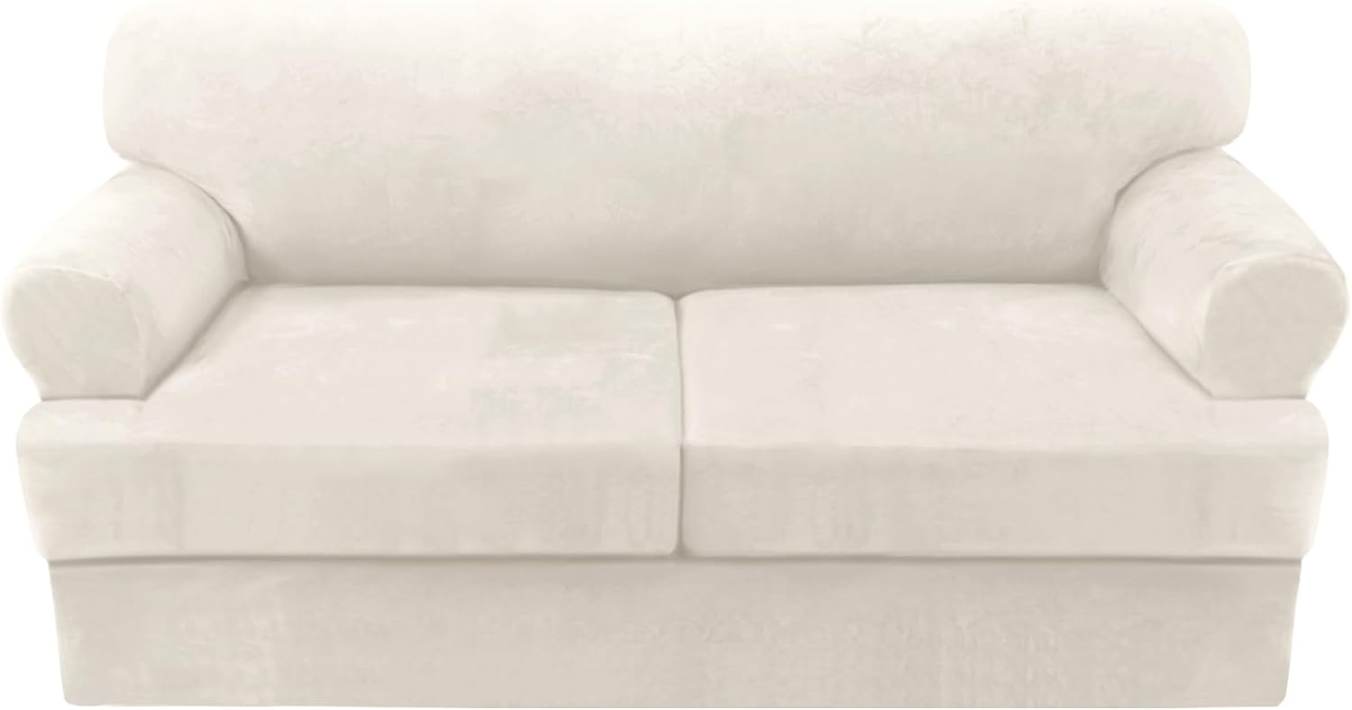 H.VERSAILTEX Sofa Cover 2 Piece T Cushion Armchair Slipcovers Thick Velvet Couch Cover Furniture Protector Stretch T Cushion Sofa Covers for 1 Cushion Couch with 1 Individual T Cushion Covers, Ivory