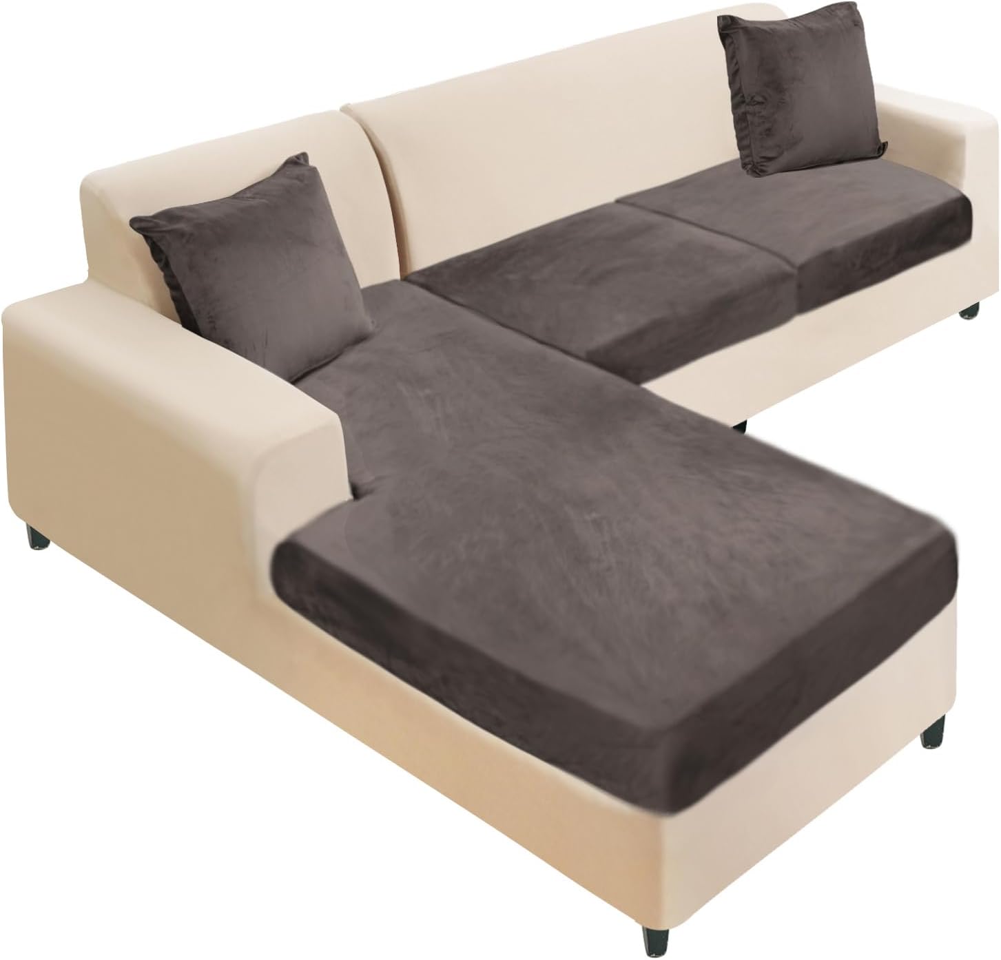NAISI Sectional Couch Cover 4 Pieces Velvet Separate Couch Cushion Covers L Shape Soft Stretch Sofa Slipcovers with 2pcs Pillowcases for Left/Right Chaise Sectional Couch(3 Seater+1 Chaise,Dark Grey)