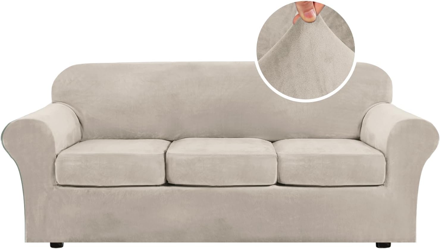 H.VERSAILTEX Rich Velvet Stretch 2 Piece Cover Chair Slipcover Sofa Cover Furniture Protector Couch Soft with Elastic Bottom Chair Couch Cover with Arms Width Up to 49 Inch(Chair, Ivory)