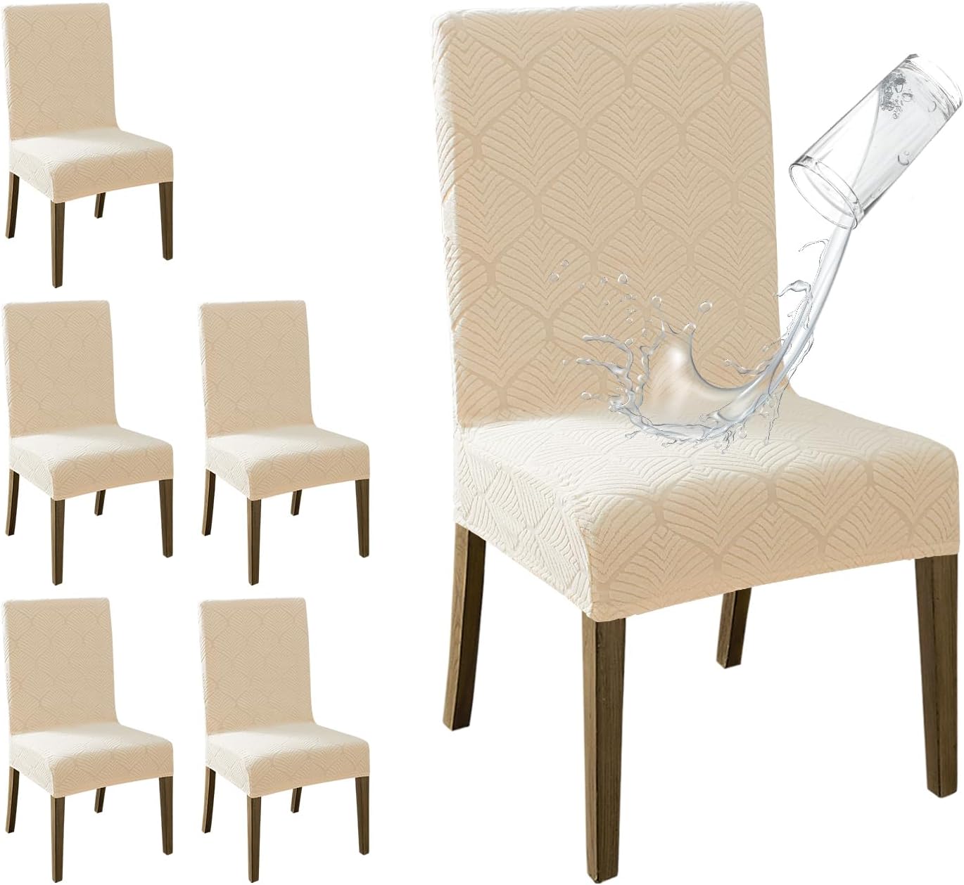 MOSAYT 100% Waterproof Dining Room Chair Covers Set of 4, Super Fit Stretch Jacquard Parson Chairs Slipcovers Removable Washable Chair Seat Protectors for Home, Kitchen, Banquet (Beige)