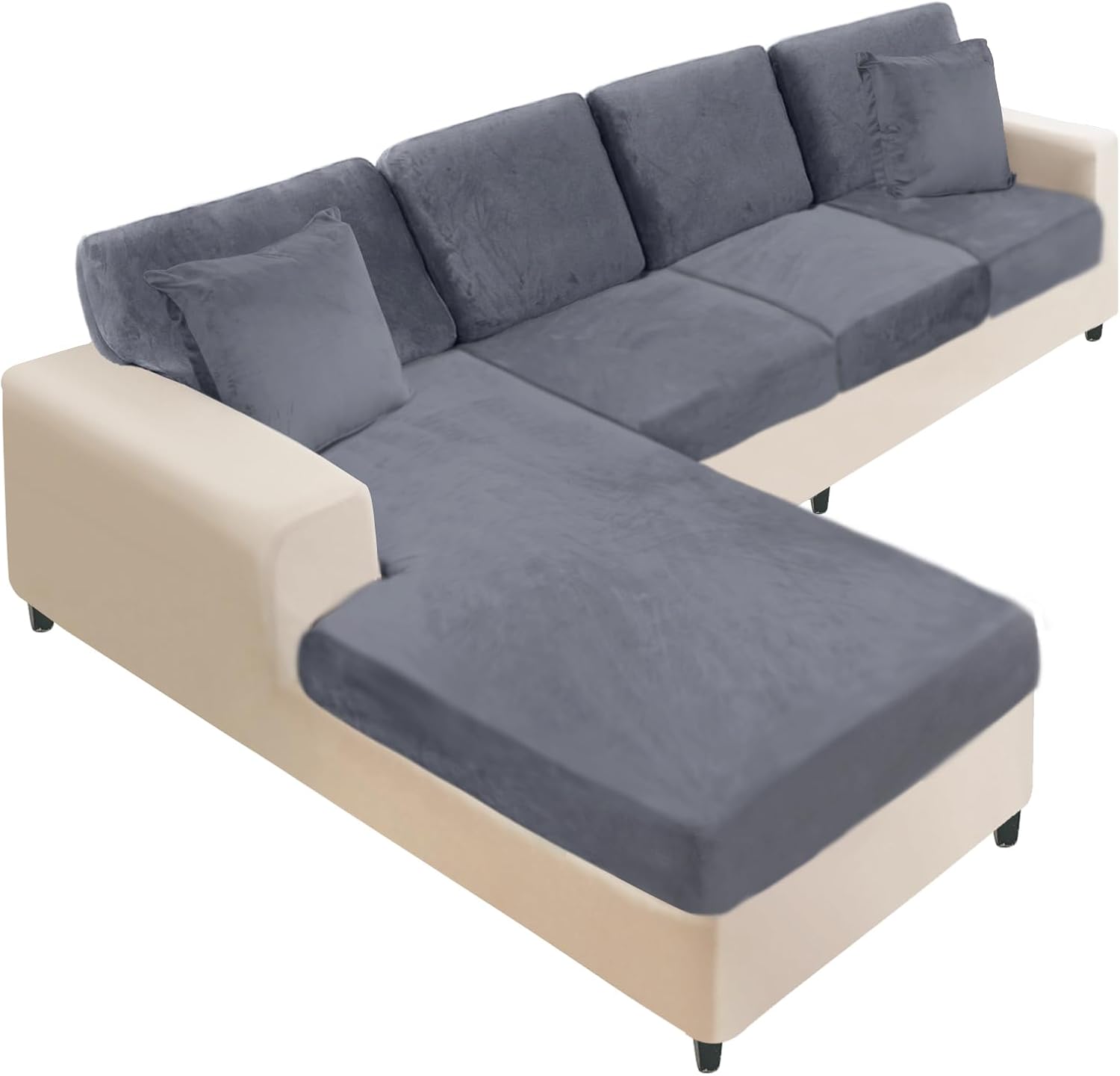 NAISI Sectional Couch Cover 4 Pieces Velvet Separate Couch Cushion Covers L Shape Soft Stretch Sofa Slipcovers with 2pcs Pillowcases for Left/Right Chaise Sectional Couch(3 Seater+1 Chaise,Dark Grey)