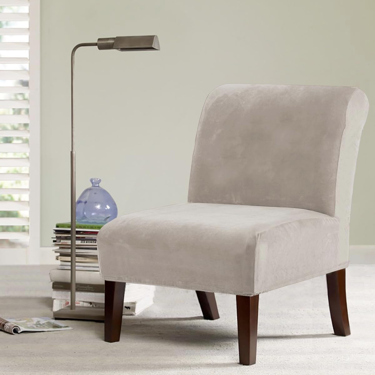 H.VERSAILTEX Armless Accent Chair Covers Thick Velvet Armless Chair Slipcovers High Stretch Chair Covers for Living Room Hotel Machine Washable Furniture Protector with Elastic Bottom, Ivory