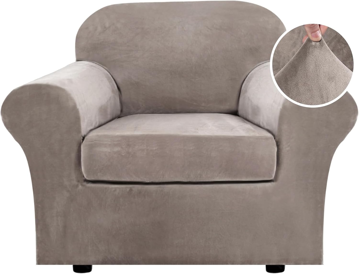 H.VERSAILTEX Rich Velvet Stretch 2 Piece Cover Chair Slipcover Sofa Cover Furniture Protector Couch Soft with Elastic Bottom Chair Couch Cover with Arms Width Up to 49 Inch(Chair, Ivory)