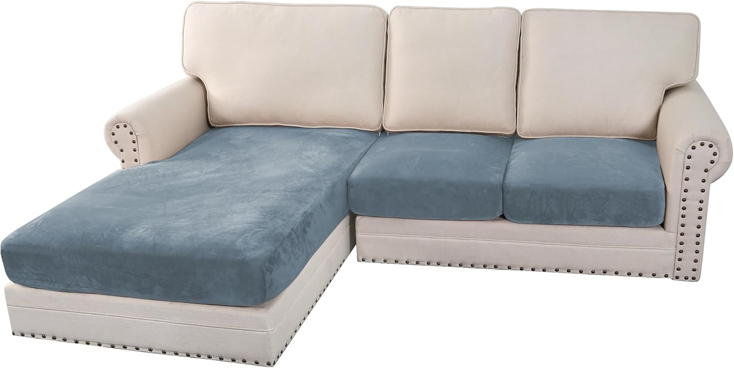 H.VERSAILTEX Velvet Stretch Couch Cushion Cover Plush Cushion Slipcover for Chair Loveseat Sofa Cushion Furniture Protector Seat Cushion Sofa Cover (3 Piece Sofa Cushion Covers, Ivory)