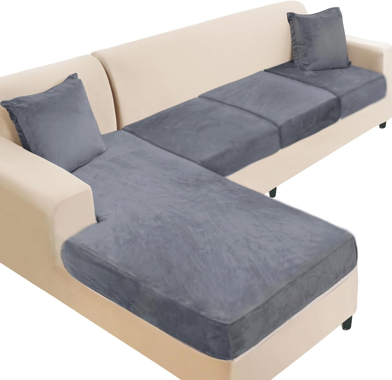 NAISI Sectional Couch Cover 4 Pieces Velvet Separate Couch Cushion Covers L Shape Soft Stretch Sofa Slipcovers with 2pcs Pillowcases for Left/Right Chaise Sectional Couch(3 Seater+1 Chaise,Dark Grey)