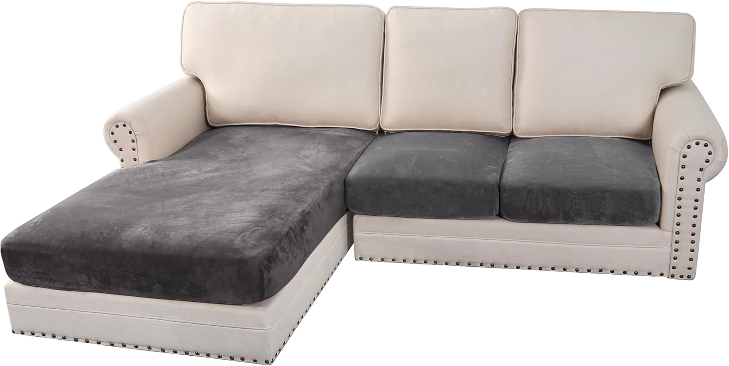 H.VERSAILTEX Velvet Stretch Couch Cushion Cover Plush Cushion Slipcover for Chair Loveseat Sofa Cushion Furniture Protector Seat Cushion Sofa Cover (3 Piece Sofa Cushion Covers, Ivory)