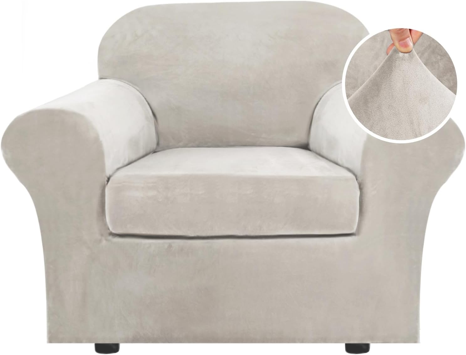 H.VERSAILTEX Rich Velvet Stretch 2 Piece Cover Chair Slipcover Sofa Cover Furniture Protector Couch Soft with Elastic Bottom Chair Couch Cover with Arms Width Up to 49 Inch(Chair, Ivory)