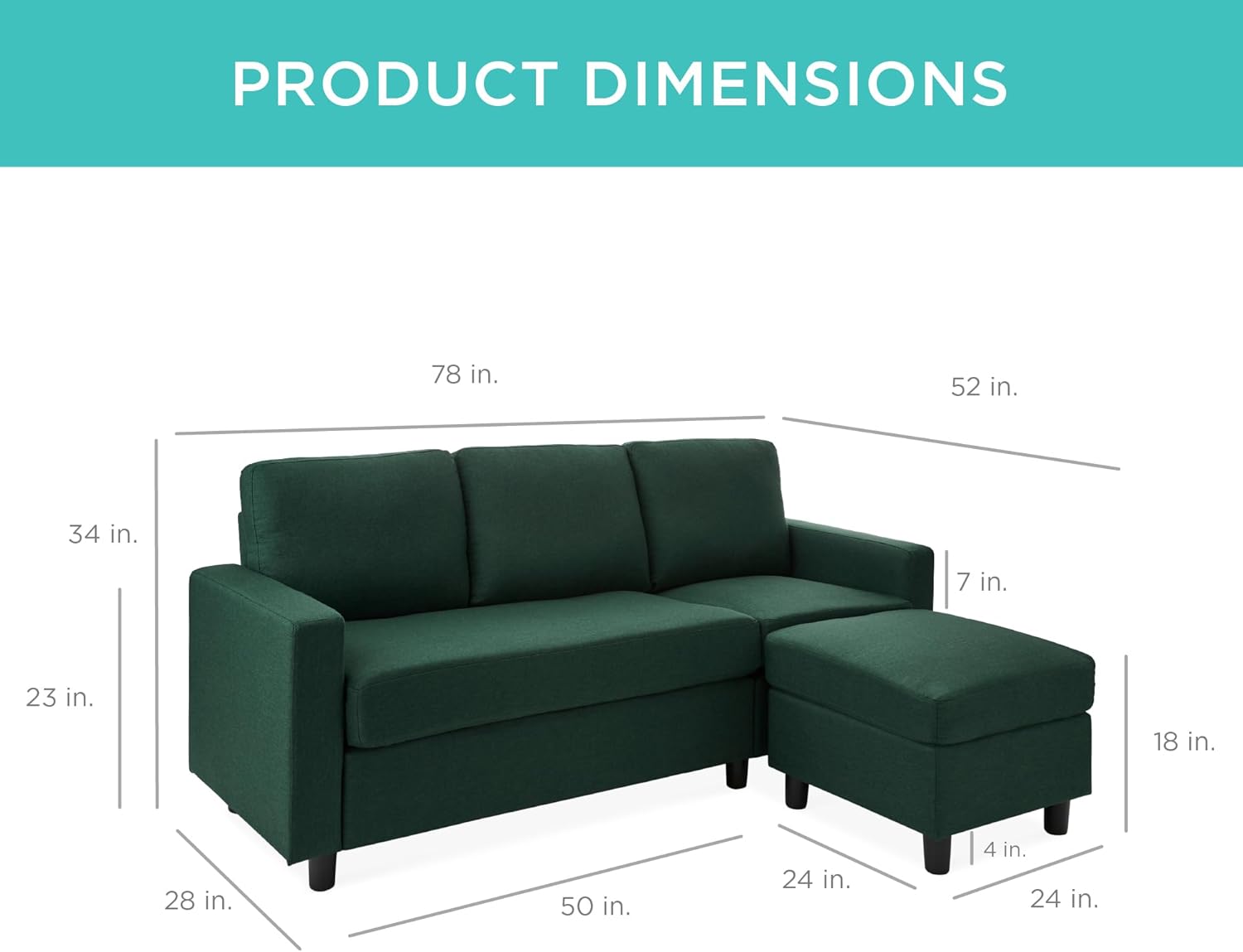 Best Choice Products Upholstered Sectional Sofa for Home, Apartment, Dorm, Bonus Room, Compact Spaces w/Chaise Lounge, 3-Seat, L-Shape Design, Reversible Ottoman Bench, 680lb Capacity - Light Gray