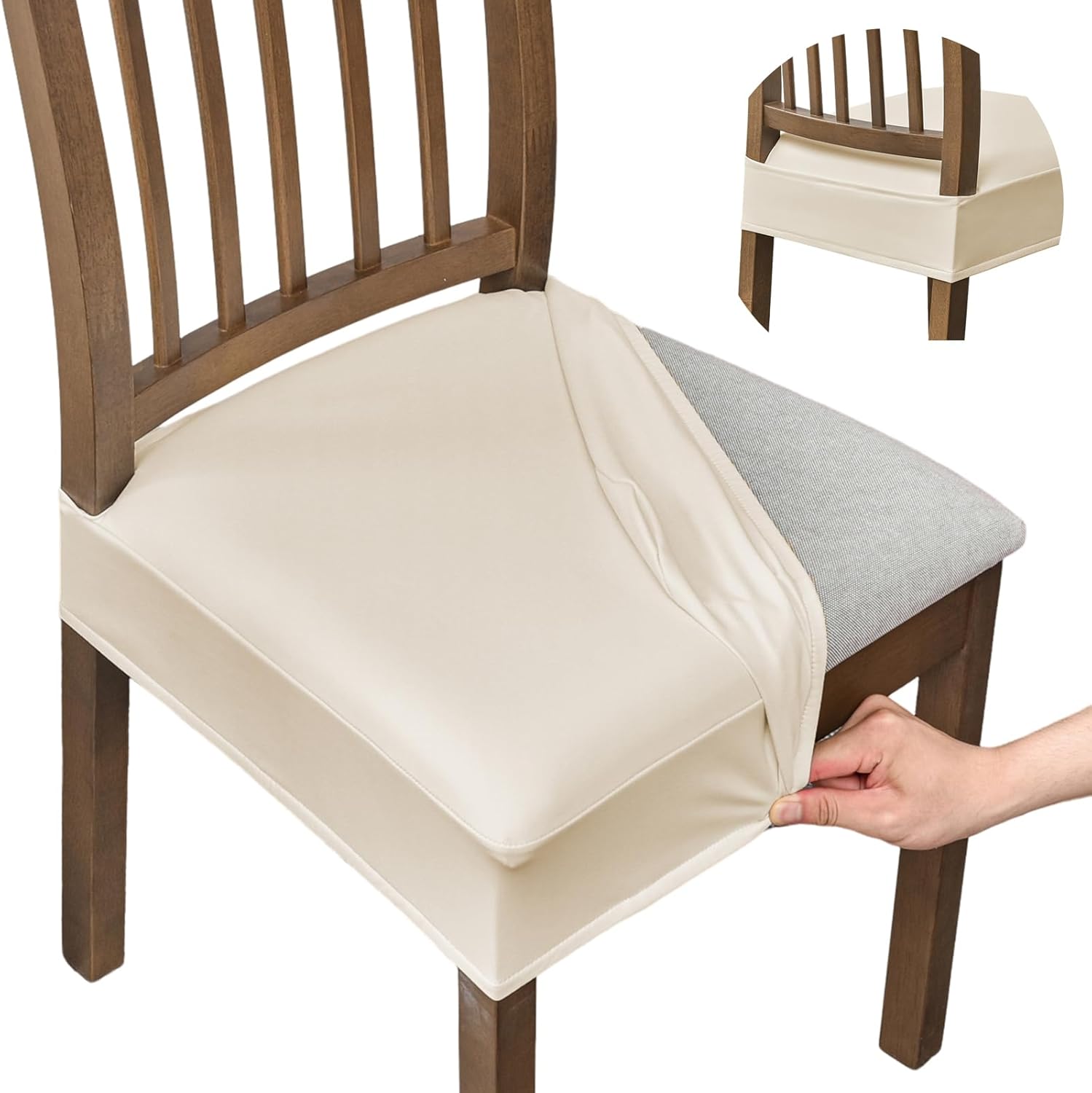 FUANGUI Dining Chair Covers Set of 4, Waterproof PU Leather Stretch Chair Seat Slipcovers Soft Removable Washable Chair Covers, Kitchen Chair Seat Covers Protectors Dining Room, PU-Black