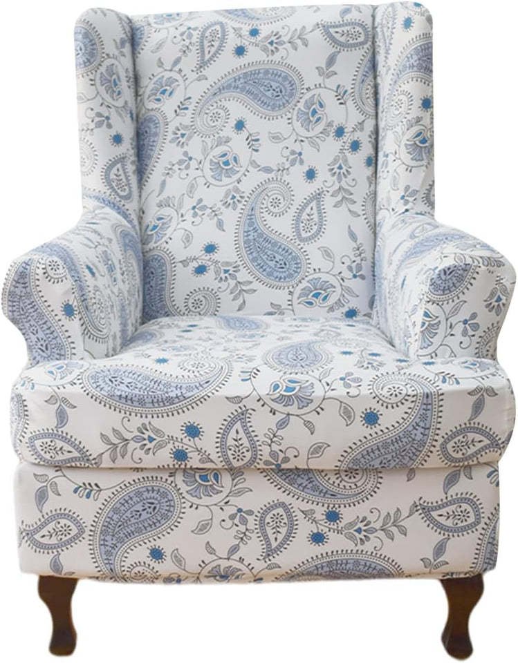 Stretch Wingback Chair Cover 2-Piece Printed Wing Chair Slipcover Sofa Slipcover Spandex Floral Armchair Slipcovers Furniture Protector with Elastic Bottom for Living ROOM