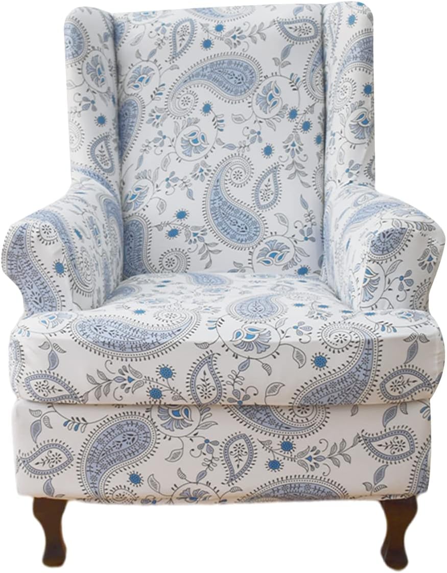 Stretch Wingback Chair Cover 2-Piece Printed Wing Chair Slipcover Sofa Slipcover Spandex Floral Armchair Slipcovers Furniture Protector with Elastic Bottom for Living ROOM