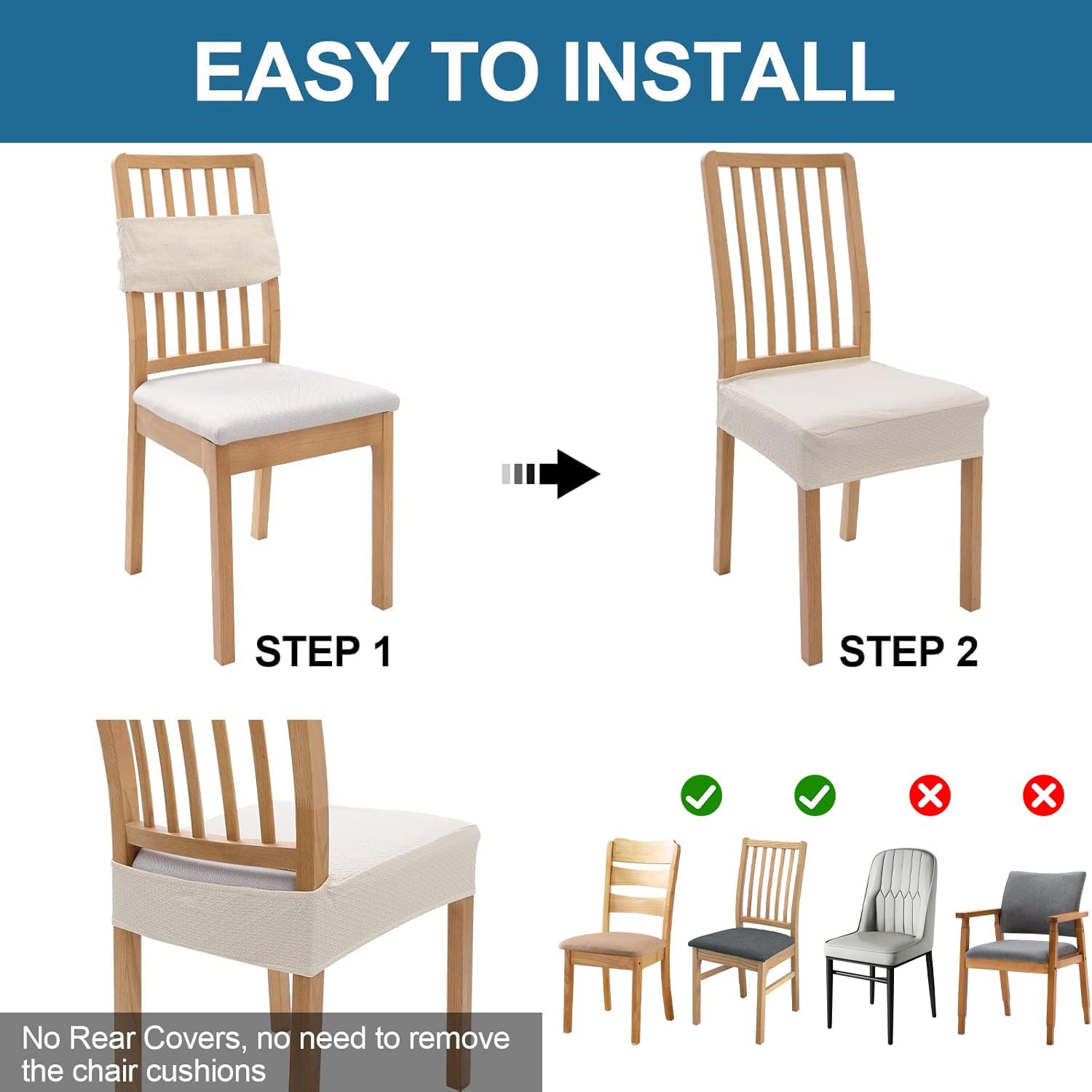 Smiry Waterproof Seat Covers for Dining Room Chairs Set of 4, Stretch Jacquard Removable Washable Chair Seat Slipcovers Protector, No Rear Covers, Beige