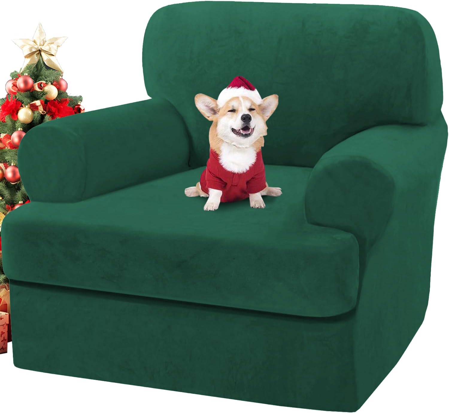 H.VERSAILTEX Sofa Cover 2 Piece T Cushion Armchair Slipcovers Thick Velvet Couch Cover Furniture Protector Stretch T Cushion Sofa Covers for 1 Cushion Couch with 1 Individual T Cushion Covers, Ivory