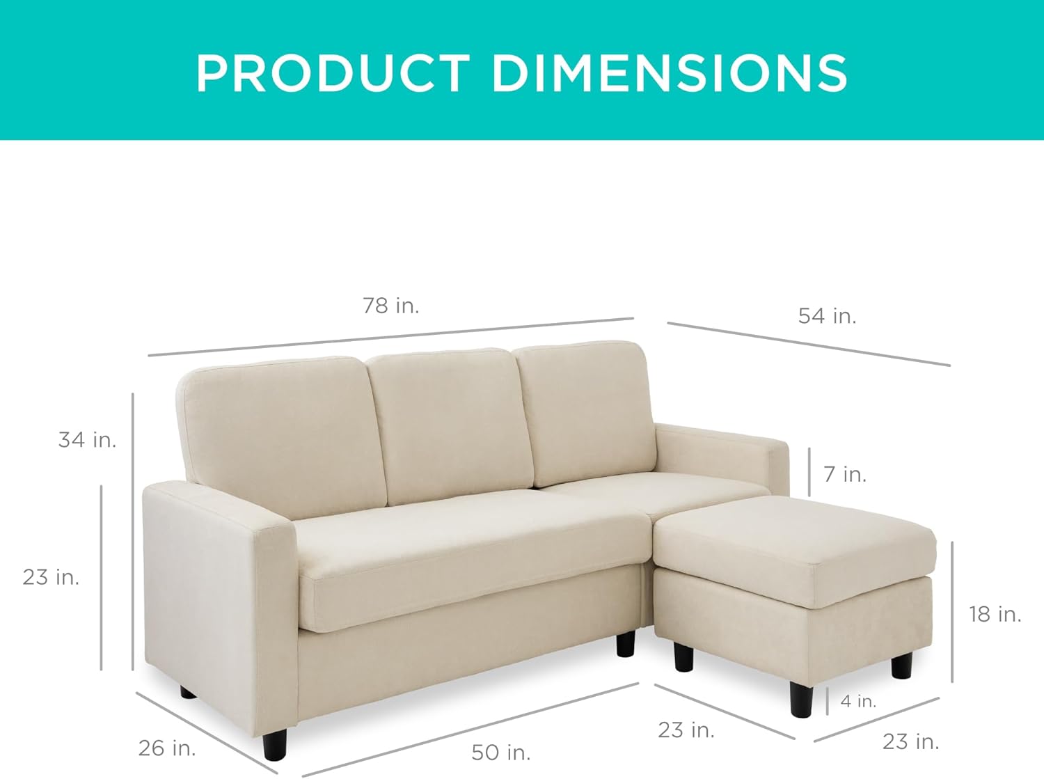 Best Choice Products Upholstered Sectional Sofa for Home, Apartment, Dorm, Bonus Room, Compact Spaces w/Chaise Lounge, 3-Seat, L-Shape Design, Reversible Ottoman Bench, 680lb Capacity - Light Gray