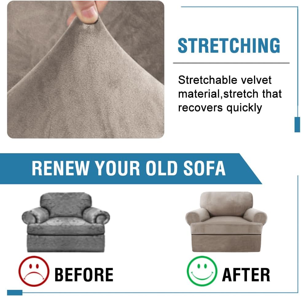 H.VERSAILTEX Sofa Cover 2 Piece T Cushion Armchair Slipcovers Thick Velvet Couch Cover Furniture Protector Stretch T Cushion Sofa Covers for 1 Cushion Couch with 1 Individual T Cushion Covers, Ivory