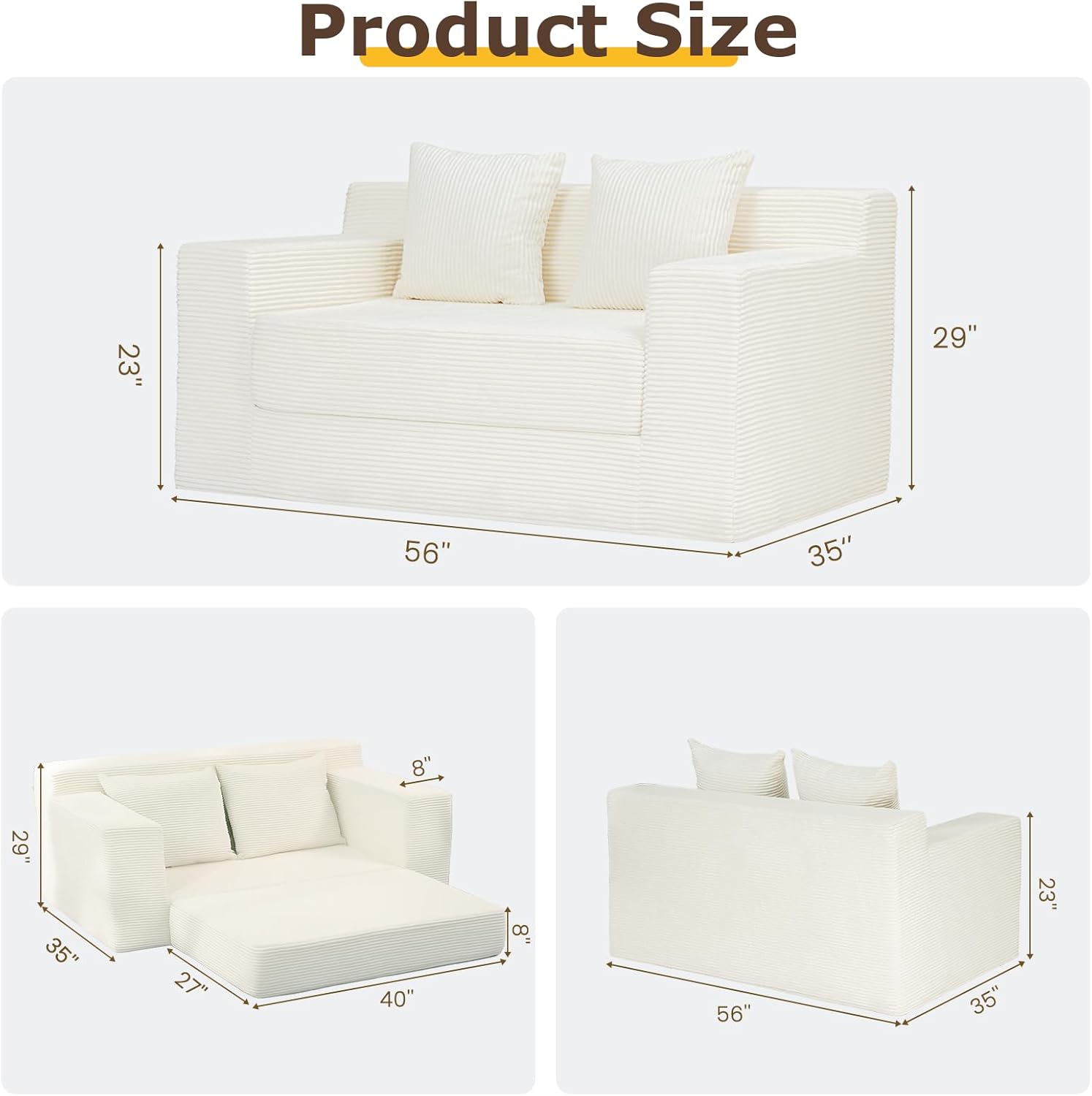 Convertible Sofa Bed, 3 in 1 Loveseat Folding Couch Bed Foldable - Chaise Lounge Chair & Floor Futon Sleeper, Corduroy Pull Out Sofa Bed with 4 Pillows for Living Room, Beige