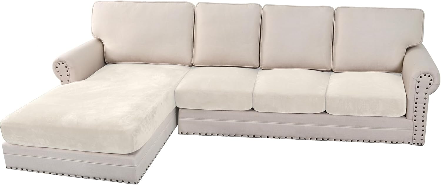H.VERSAILTEX Velvet Stretch Couch Cushion Cover Plush Cushion Slipcover for Chair Loveseat Sofa Cushion Furniture Protector Seat Cushion Sofa Cover (3 Piece Sofa Cushion Covers, Ivory)