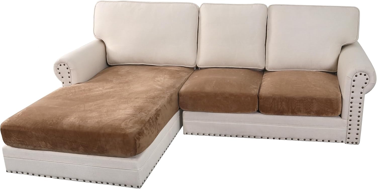 H.VERSAILTEX Velvet Stretch Couch Cushion Cover Plush Cushion Slipcover for Chair Loveseat Sofa Cushion Furniture Protector Seat Cushion Sofa Cover (3 Piece Sofa Cushion Covers, Ivory)