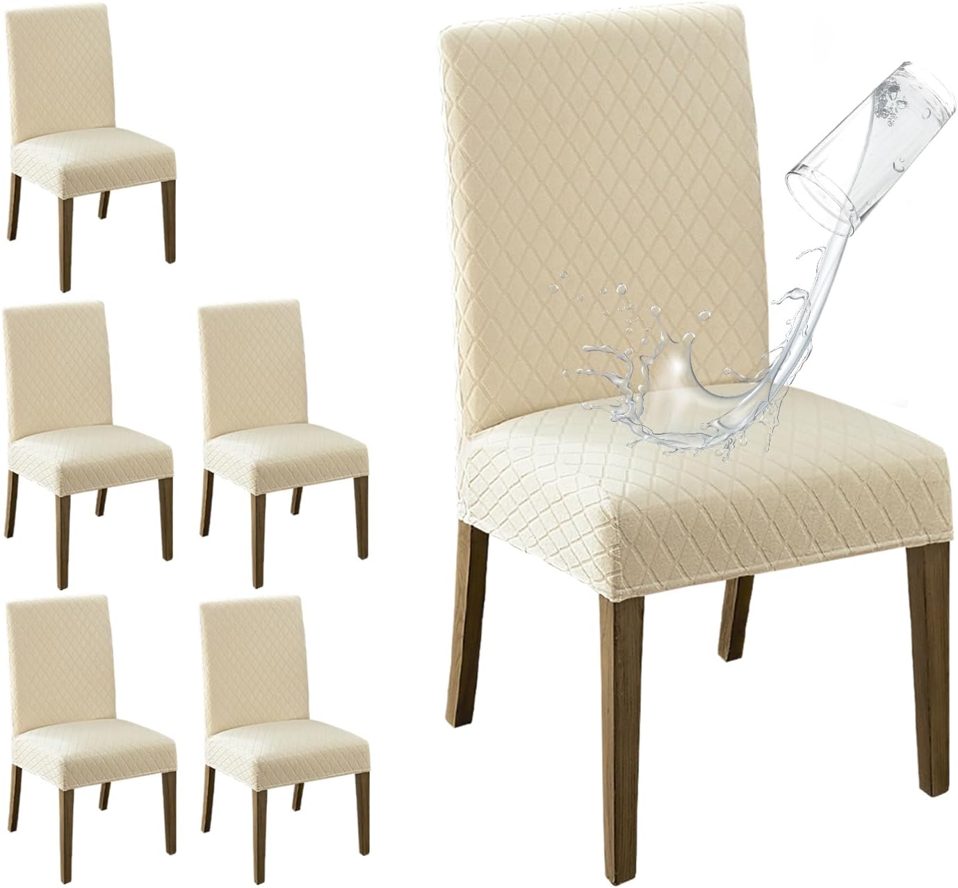MOSAYT 100% Waterproof Dining Room Chair Covers Set of 4, Super Fit Stretch Jacquard Parson Chairs Slipcovers Removable Washable Chair Seat Protectors for Home, Kitchen, Banquet (Beige)