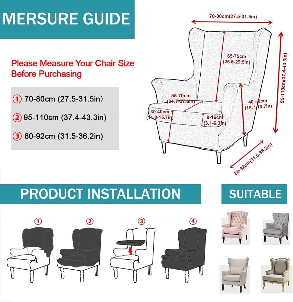 Wing Chair Slipcovers 2 Pieces Stretch Spandex Wingback Chair Covers Sofa Slipcover Printing Wingback Armchair Slipcovers Furniture Protector Couch Soft with Elastic Bottom for Wingback Chairs,12