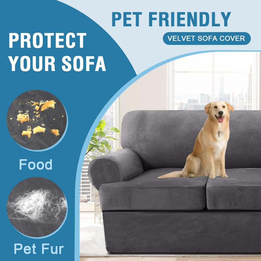 H.VERSAILTEX Sofa Cover 2 Piece T Cushion Armchair Slipcovers Thick Velvet Couch Cover Furniture Protector Stretch T Cushion Sofa Covers for 1 Cushion Couch with 1 Individual T Cushion Covers, Ivory