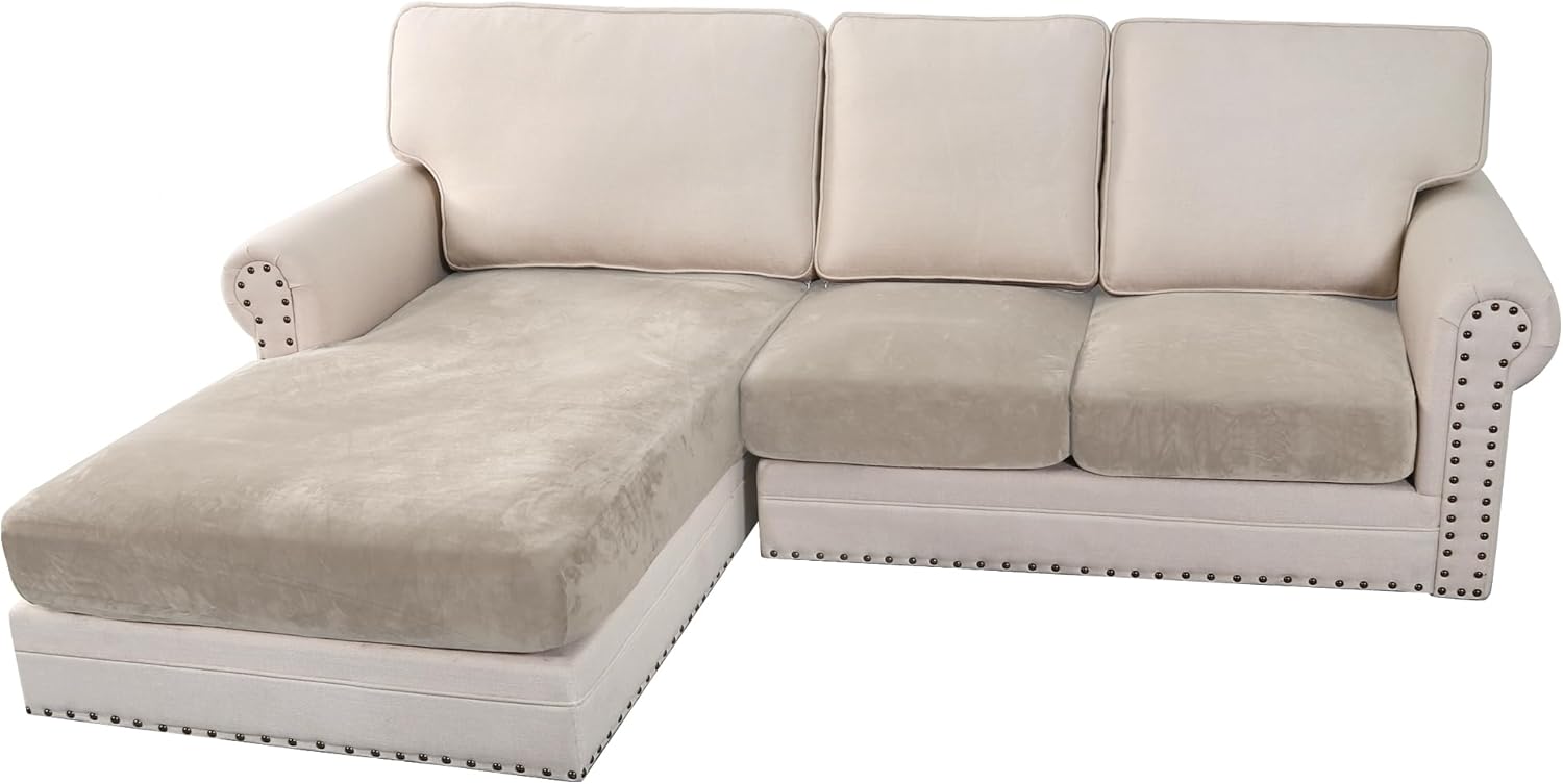 H.VERSAILTEX Velvet Stretch Couch Cushion Cover Plush Cushion Slipcover for Chair Loveseat Sofa Cushion Furniture Protector Seat Cushion Sofa Cover (3 Piece Sofa Cushion Covers, Ivory)
