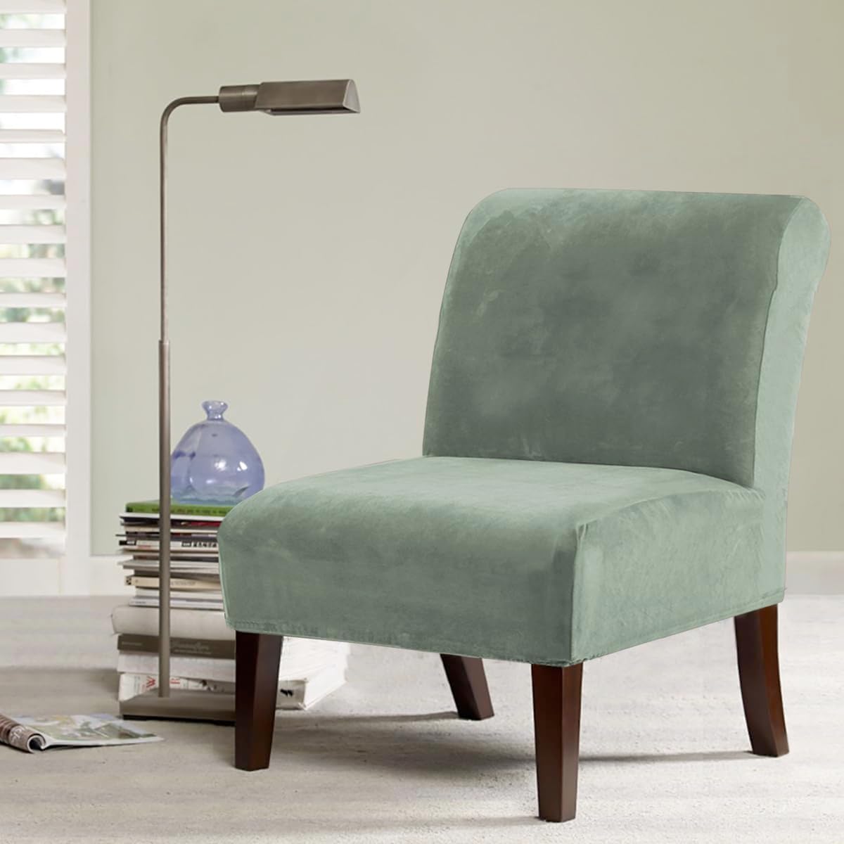 H.VERSAILTEX Armless Accent Chair Covers Thick Velvet Armless Chair Slipcovers High Stretch Chair Covers for Living Room Hotel Machine Washable Furniture Protector with Elastic Bottom, Ivory