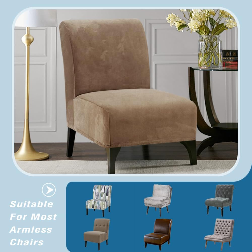 H.VERSAILTEX Armless Accent Chair Covers Thick Velvet Armless Chair Slipcovers High Stretch Chair Covers for Living Room Hotel Machine Washable Furniture Protector with Elastic Bottom, Ivory